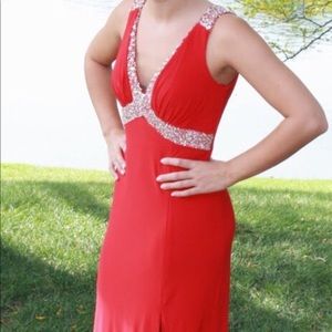 Red fitted floor length tight event/prom dress